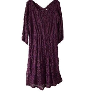 Womens Purple Lace Overlay Sheath Dress 3/4 Sleeve Elastic Waist 2XL Whimsical